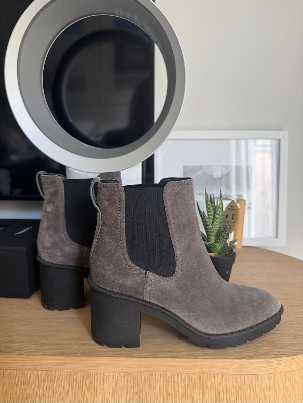 Vince. Women's Gray Suede Chelsea Ankle Boots - Stylish Block Heel